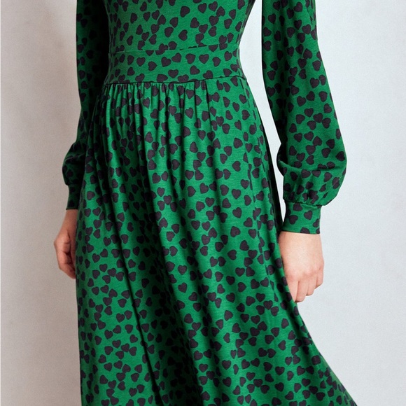 Boden NWT Alexandra Jersey Midi Dress Green Navy Hearts size US 14 R - Picture 2 of 15